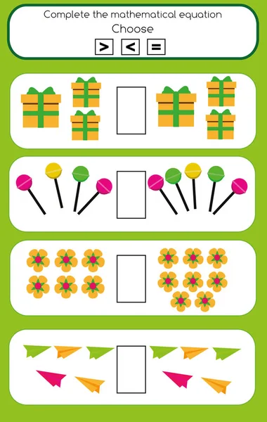 Matemáticas juego educativo para niños. Completar la tarea de ecuación matemática, elegir más, menos o igual — Archivo Imágenes Vectoriales