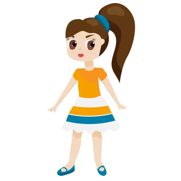Chica de dibujos animados en vestido de primavera de verano. Cabello castaño niña femenina — Vector de stock