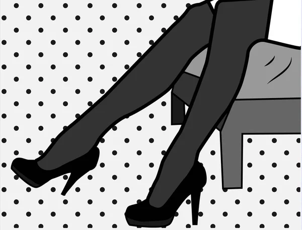 Sexy mulheres pernas em sapatos de salto alto e meias pretas. Ilustração de estilo de arte pop, tons preto e branco — Vetor de Stock