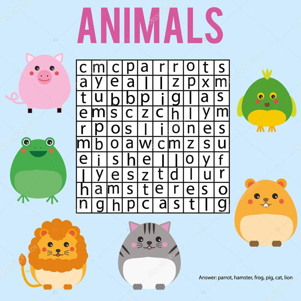 Educational children game. Word search puzzle kids activity. Animals theme. Learning vocabulary