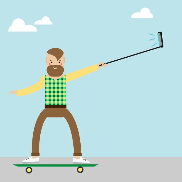 Hipster-Mann-Figur auf Skateboard macht Selfie-Foto mit Selfie-Stick. Vektorillustration — Stockvektor