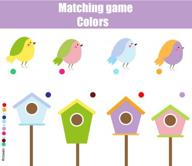 Eğitim çocuk oyunu. Renkleriyle aynı. Kuşlar ve kuş yuvası çiftleri bulmak