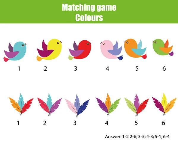 Juego de niños educacionales. Coinciden por color. Encontrar parejas de aves y plumas — Vector de stock