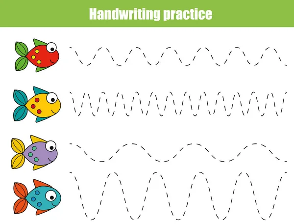 Fiche de pratique de l'écriture. Jeu éducatif pour enfants, feuille de calcul imprimable pour les enfants avec des lignes ondulées et des poissons — Image vectorielle