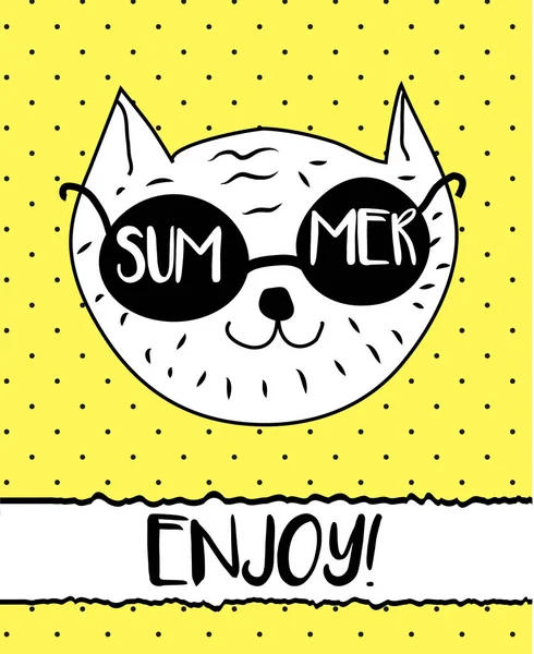 Doodle-Katze mit Sommersonnenbrille. moderne Postkarte, Flyer-Design-Vorlage — Stockvektor