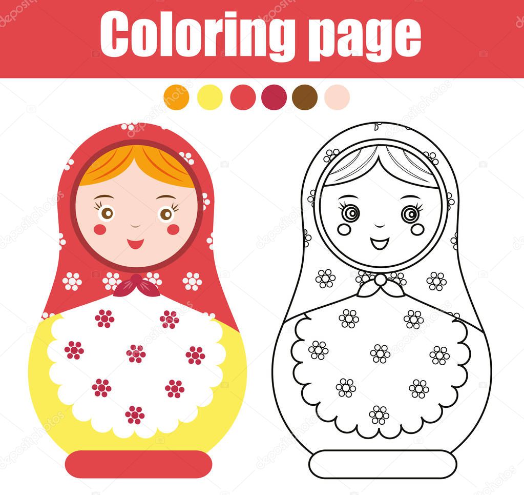 Coloring page with cute russian nesting doll. Children educational game, drawing activity. Color matreshka