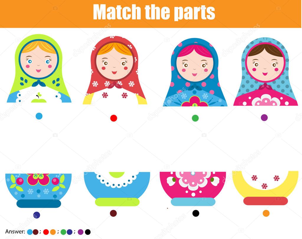 Educational children game. Match by color. Find halfs of matreshka doll