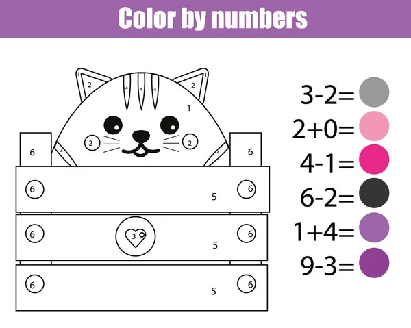 Malseite mit niedlichem Katzencharakter. Farbe nach Zahlen pädagogisches Kinderspiel, Zeichnung Kinder Aktivität. Mathematikspiel — Stockvektor