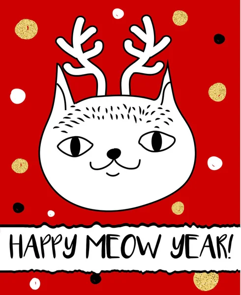 クリスマスの鹿の角のカチューシャに猫を落書き。モダンなはがき、チラシ デザイン テンプレート。冬季の季節正月グリーティング カード — ストックベクタ