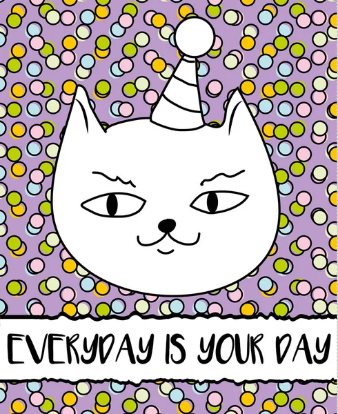 Doodle cat i födelsedag hatt. Moderna vykort, reklamblad formgivningsmall. Inspirerande, motiverande banner. Gratulationskort födelsedag — Stock vektor