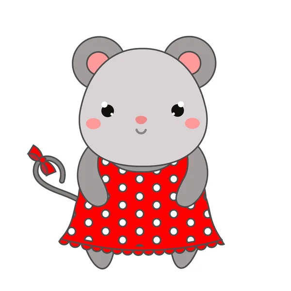 Lindo ratón en vestido de lunares. Estilo de los niños, elemento de diseño aislado, vector. Personaje animal de dibujos animados kawaii — Vector de stock