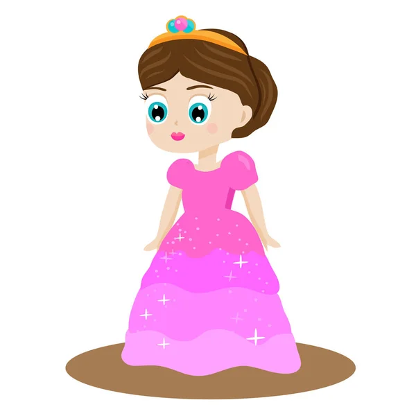 Linda princesa de cuento de hadas kawaii en vestido rosa y corona. Chica disfrazada de reina. Dibujos animados estilo vector ilustración — Vector de stock