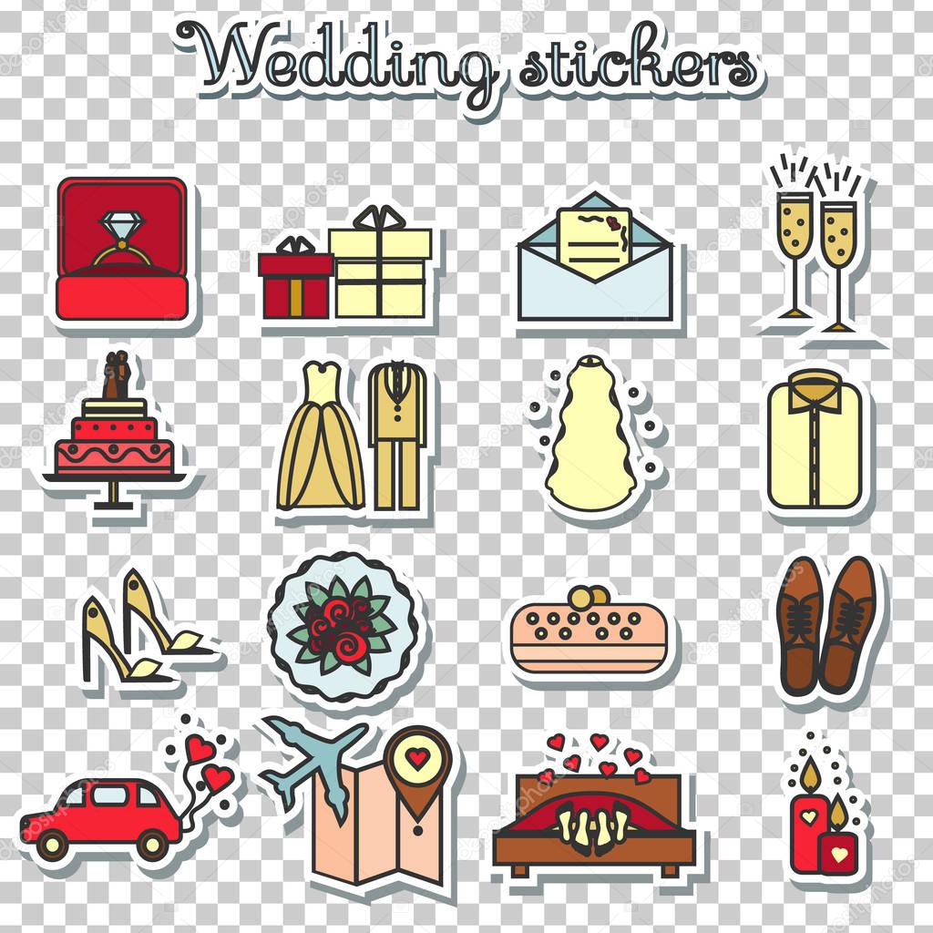 Wedding stickers. Marriage, engagement, honeymoon vector icons set. Bride and groom theme. Isolated design elements.