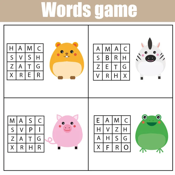 Jogo de crianças educativas. Pesquisa de palavras puzzles atividade crianças. Tema dos animais. Vocabulário de aprendizagem — Vetor de Stock