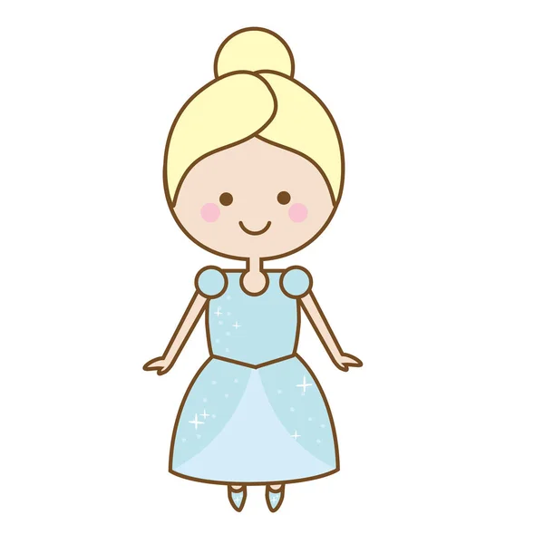 Linda princesa de cuento de hadas kawaii en vestido azul. Chica disfrazada de reina. Dibujos animados estilo vector ilustración — Vector de stock