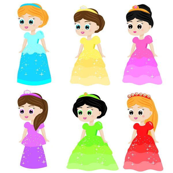 Linda princesa de cuento de hadas kawaii en vestidos de colores. Chicas con disfraces de reina. Colección vectorial estilo de dibujos animados — Vector de stock