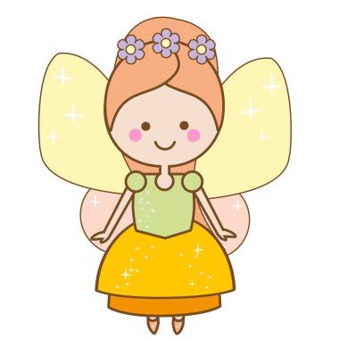 Şirin kawaii peri karakter. Kanatlı peri prenses güzel elbise. Karikatür tarzı, kız çocukları çıkartmaları