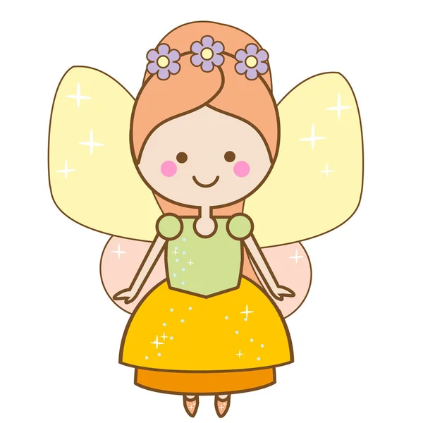 Lindo personaje de hadas kawaii. Princesa pixie alada en hermoso vestido. Estilo de dibujos animados, niñas niños pegatinas — Vector de stock