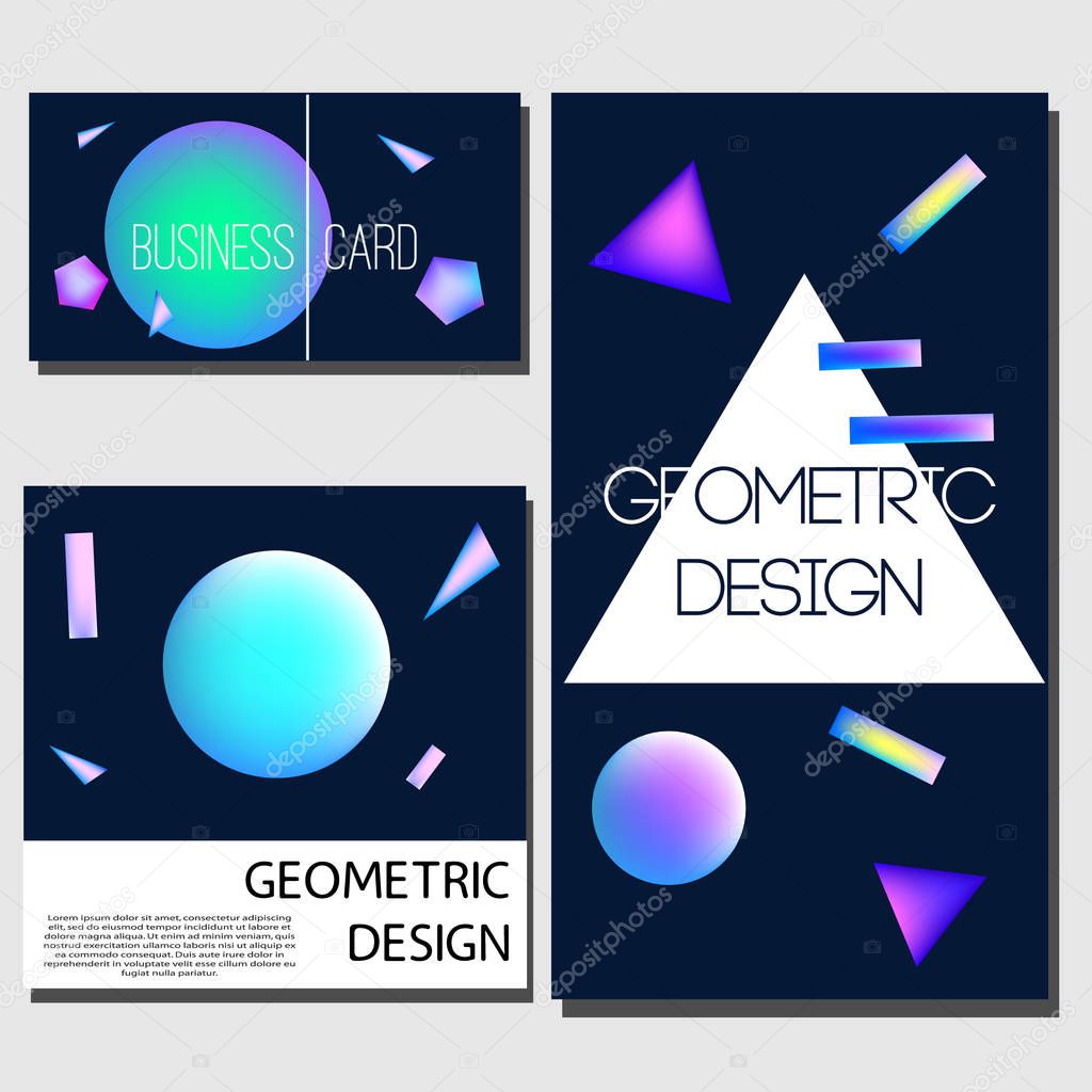 Geometric cards. Cover design templates. Brochure, cards, flyers with abstract glowing neon shapes. Holographic geometry elements