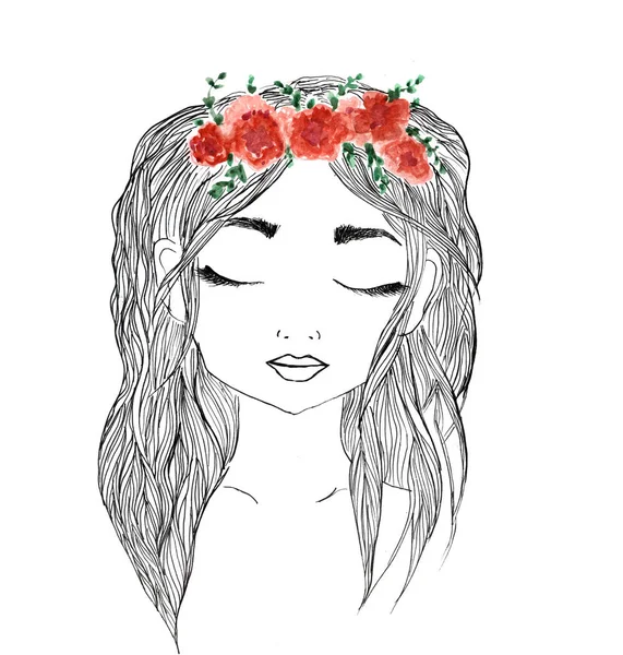 Belle fille avec couronne de fleurs rouges en cheveux longs. Illustration dessinée à la main, imprimé t-shirt — Photo