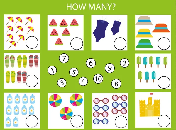 세 교육 어린이 게임, 활동 아이. 얼마나 많은 작업 개체. 여름 테마 — 스톡 벡터