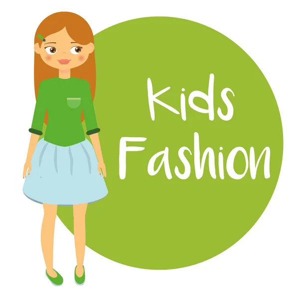Beautiful Girl in blue skirt. Kids fashion background. Cartoon child — Stock Vector