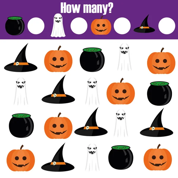 Counting educational children game, kids activity. How many objects. Halloween theme — Stock Vector