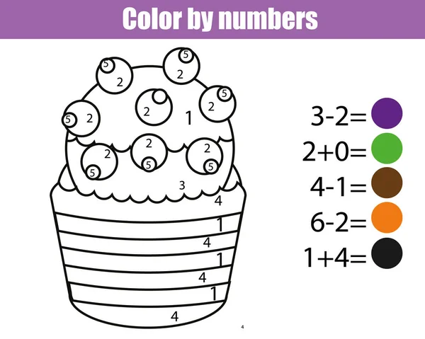 Malvorlage mit Cupcake. Farbe nach Zahlen pädagogisches Kinderspiel, Zeichnung Kinder Aktivität. Mathematikspiel — Stockvektor