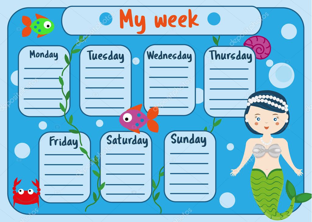 kids timetable with cute mermaid character weekly planner children calendar templates