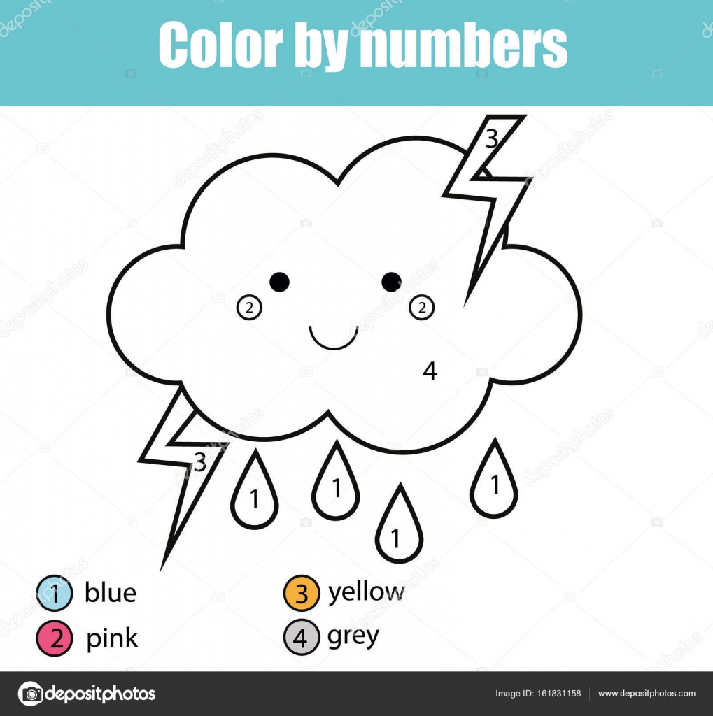 Coloring page with cute cloud character Color by numbers educational children game drawing kids activity printable sheet Learning numbers
