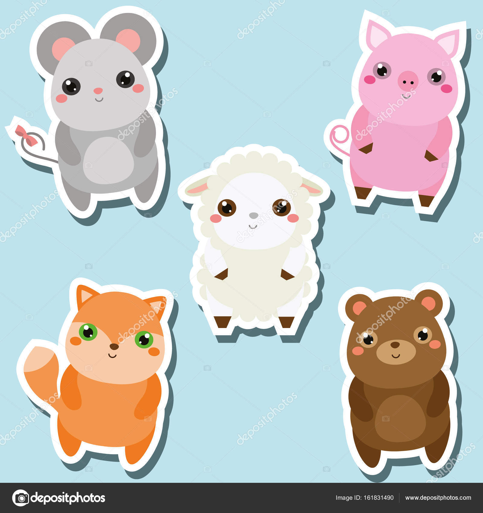 Set di adesivi animali kawaii sveglio Illustrazione di vettore Mouse maiale pecora volpe orso Stile dei bambini elementi isolati di disegno per