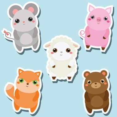 Şirin kawaii hayvanlar çıkartmaları kümesi. Vektör çizim. Fare, domuz, koyun, tilki, ayı