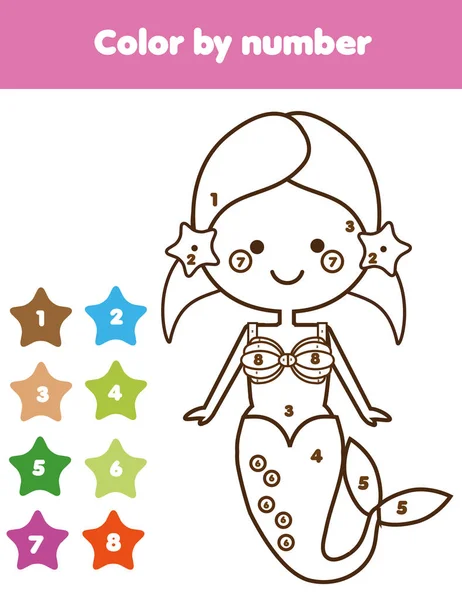 Children educational game. Coloring page with mermaid. Color by numbers, printable activity — Stock Vector