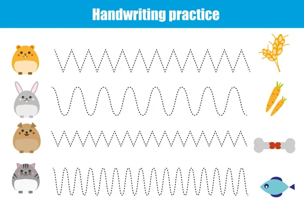 Hoja de práctica de escritura. Juego educativo para niños, hoja de trabajo imprimible para niños con líneas onduladas y animales — Archivo Imágenes Vectoriales