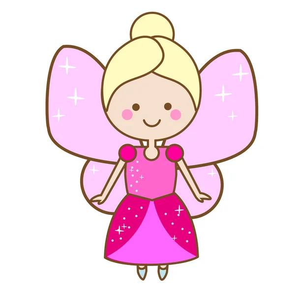 Aranyos tündér karakter. Szárnyas elf hercegnő rózsaszín ruhában. Rajzfilm stílusú, lányok gyerekek matricák — Stock Vector