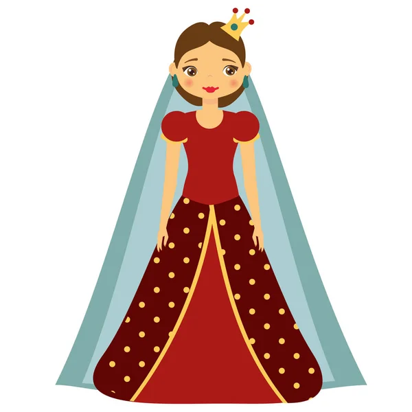 Linda princesa de cuento de hadas kawaii en vestido rojo y corona. Chica disfrazada de reina. Dibujos animados estilo vector ilustración — Vector de stock