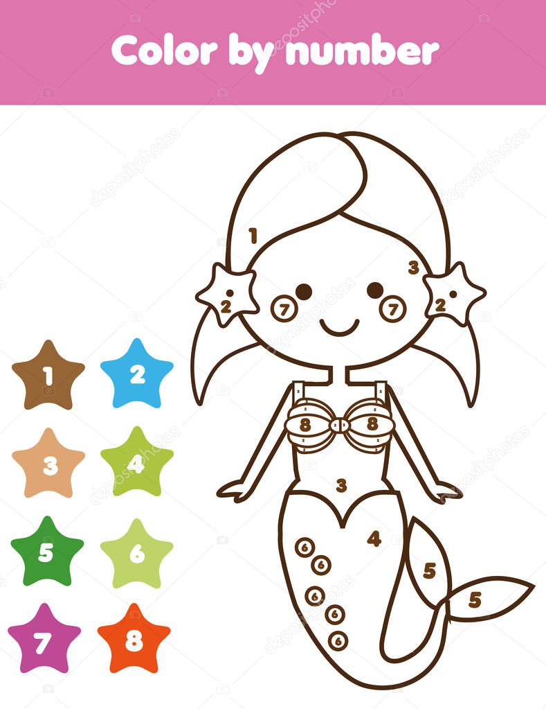 Children educational game. Coloring page with mermaid. Color by numbers, printable activity