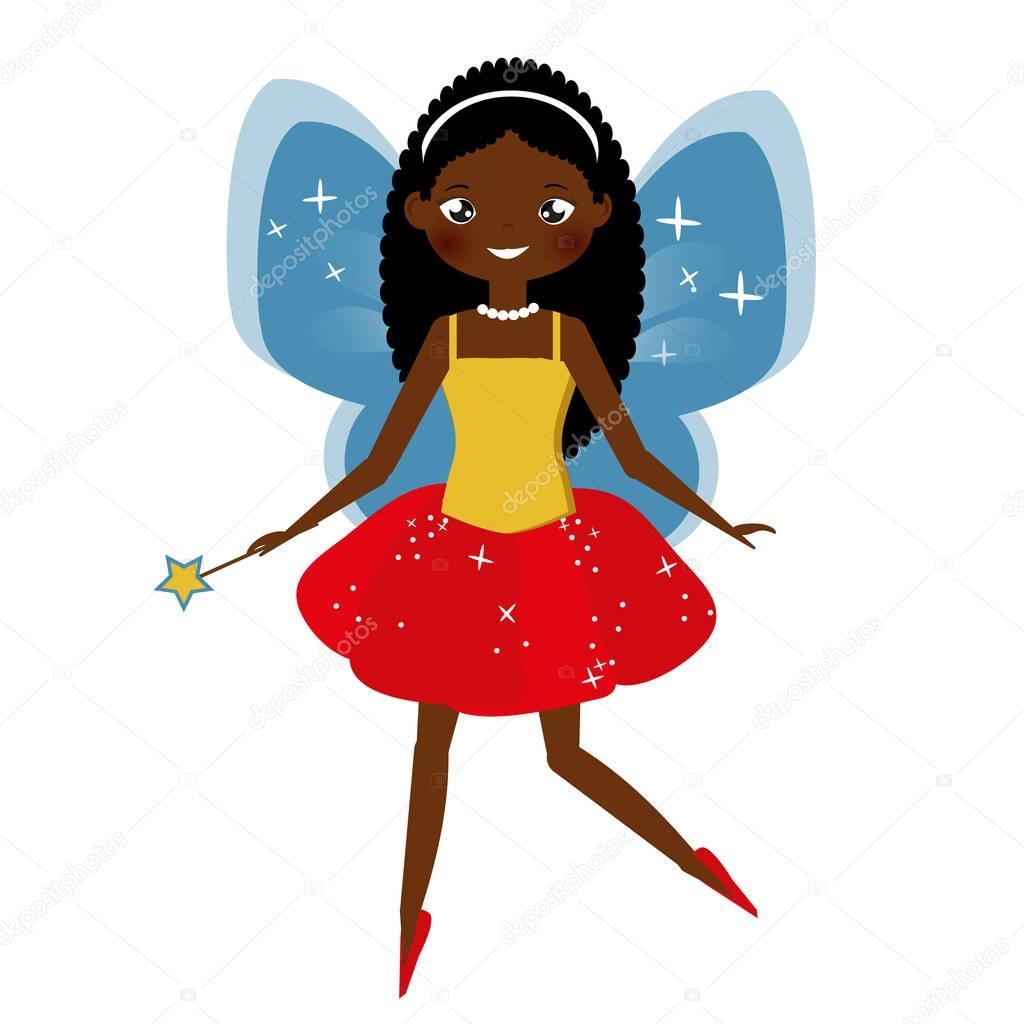Beautiful fairy with magic wand. Winged elf princess. Cartoon style, african american fairy character