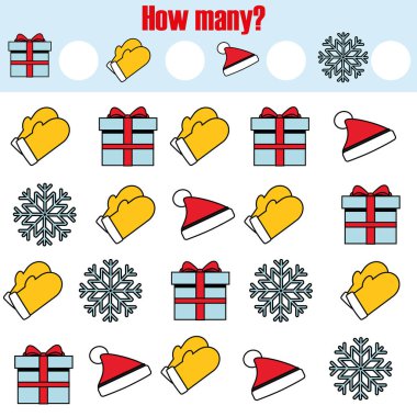 Eğitim çocuk oyunu sayma, aktivite çocuklar. Kaç nesneleri görev. Noel, yeni yıl kış tatil Tema