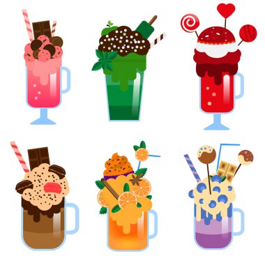 Canavar vektör set sallıyor. Dev milkshakes kavanoz ve gözlük. Acayip tatlı nefis sallar