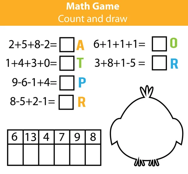Słowa puzzle gra edukacyjna dzieci z matematyki równania. Liczenie i litery gry. Nauka słownictwa i numery — Wektor stockowy