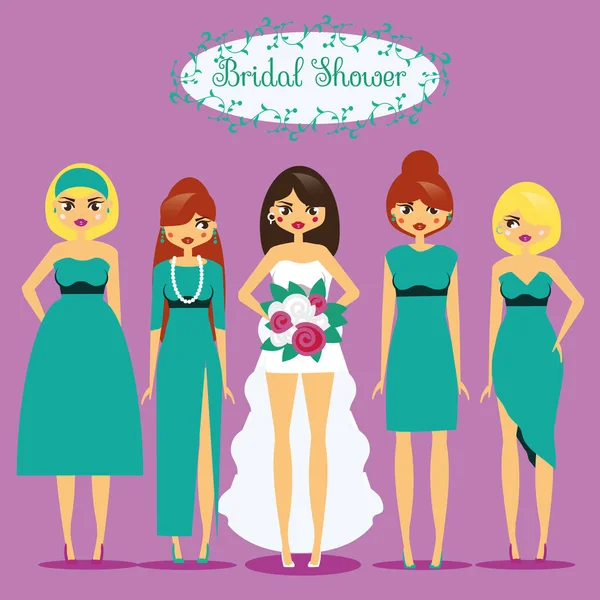 Novia con damas de honor. Mujer con vestidos de moda. Ducha nupcial, despedida de soltera vector ilustración — Archivo Imágenes Vectoriales