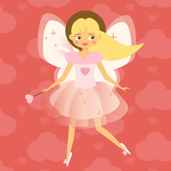 Beautiful Cupid girl with wings in pink. Flying fairy in pink dress. Valentines day, romantic character. Vector illustration — Stock Vector
