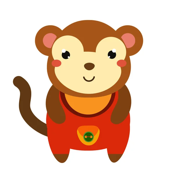 Macaco bonito em macacão vermelho. Personagem animal kawaii desenhos animados. Ilustração vetorial para crianças e bebês moda —  Vetores de Stock