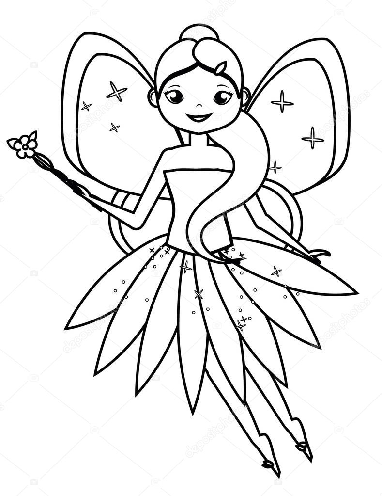 Coloring page with cute flying fairy character. Drawing kids game. Printable activity
