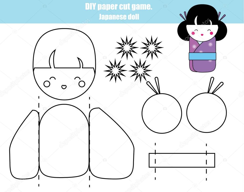 DIY children educational creative game. Make a japanese doll girl with scissors and glue. Printable paprecut activity.