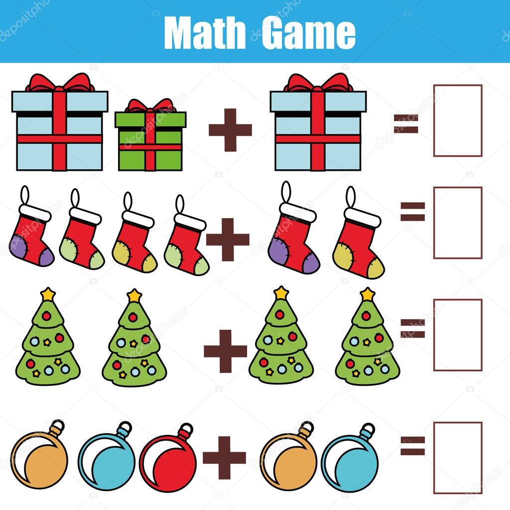 Counting educational children game, kids activity. How many objects task. Christmas, new year winter holidays theme