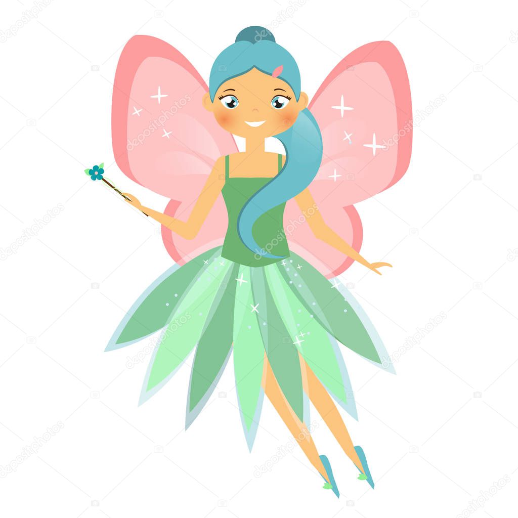 Beautiful flying fairy character with pink wings. Elf princess with magic wand. Cartoon style
