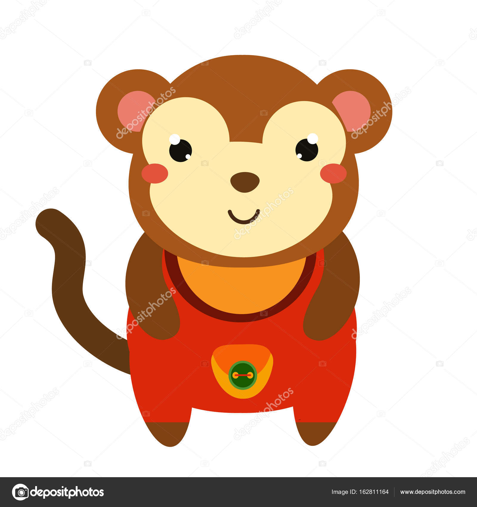 Cute monkey in red jumpsuit. Cartoon kawaii animal character. Vector