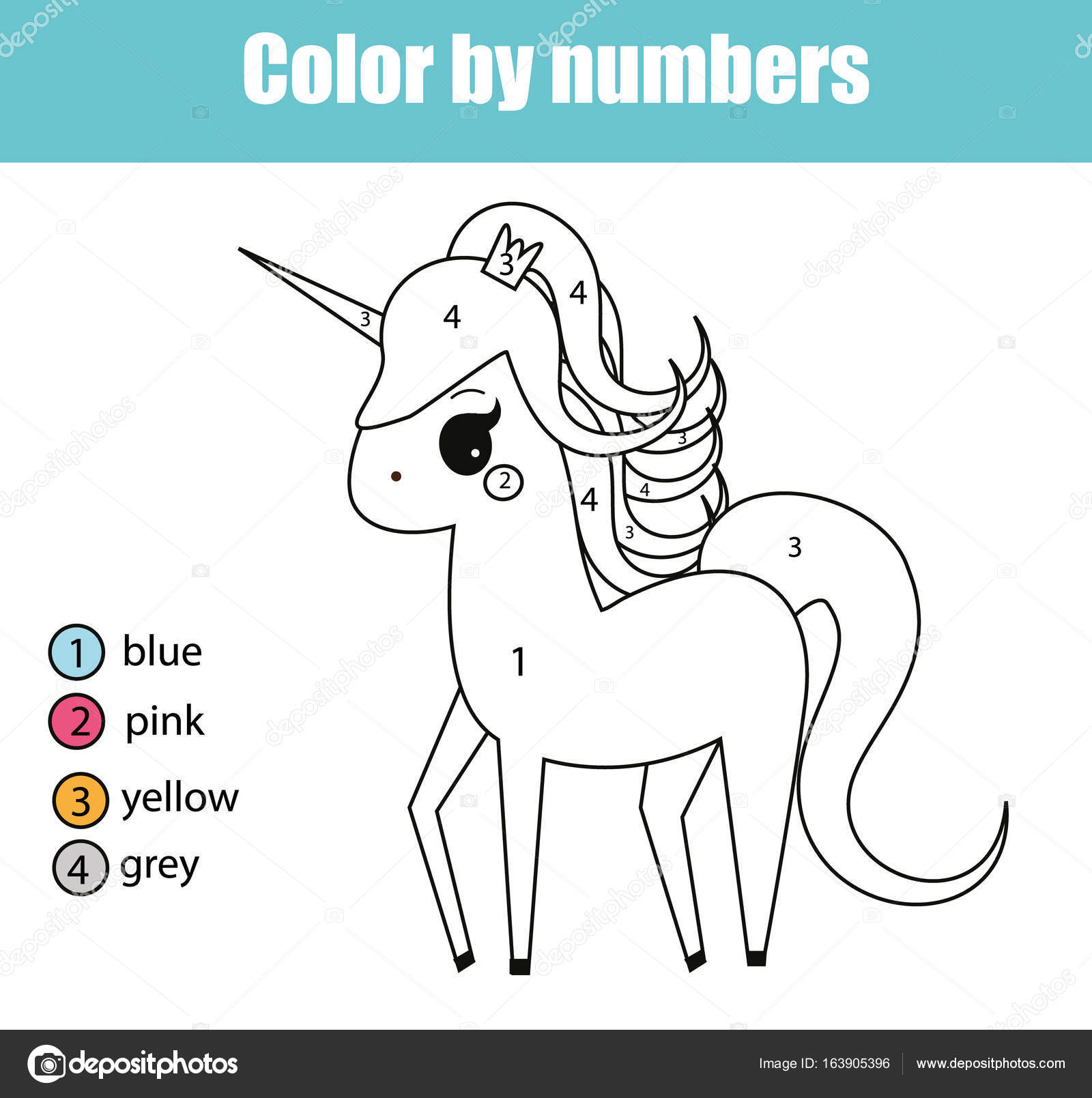 Coloring page with cute unicorn character Color by numbers educational children game drawing kids activity printable sheet — Vector by bonnyheizeail